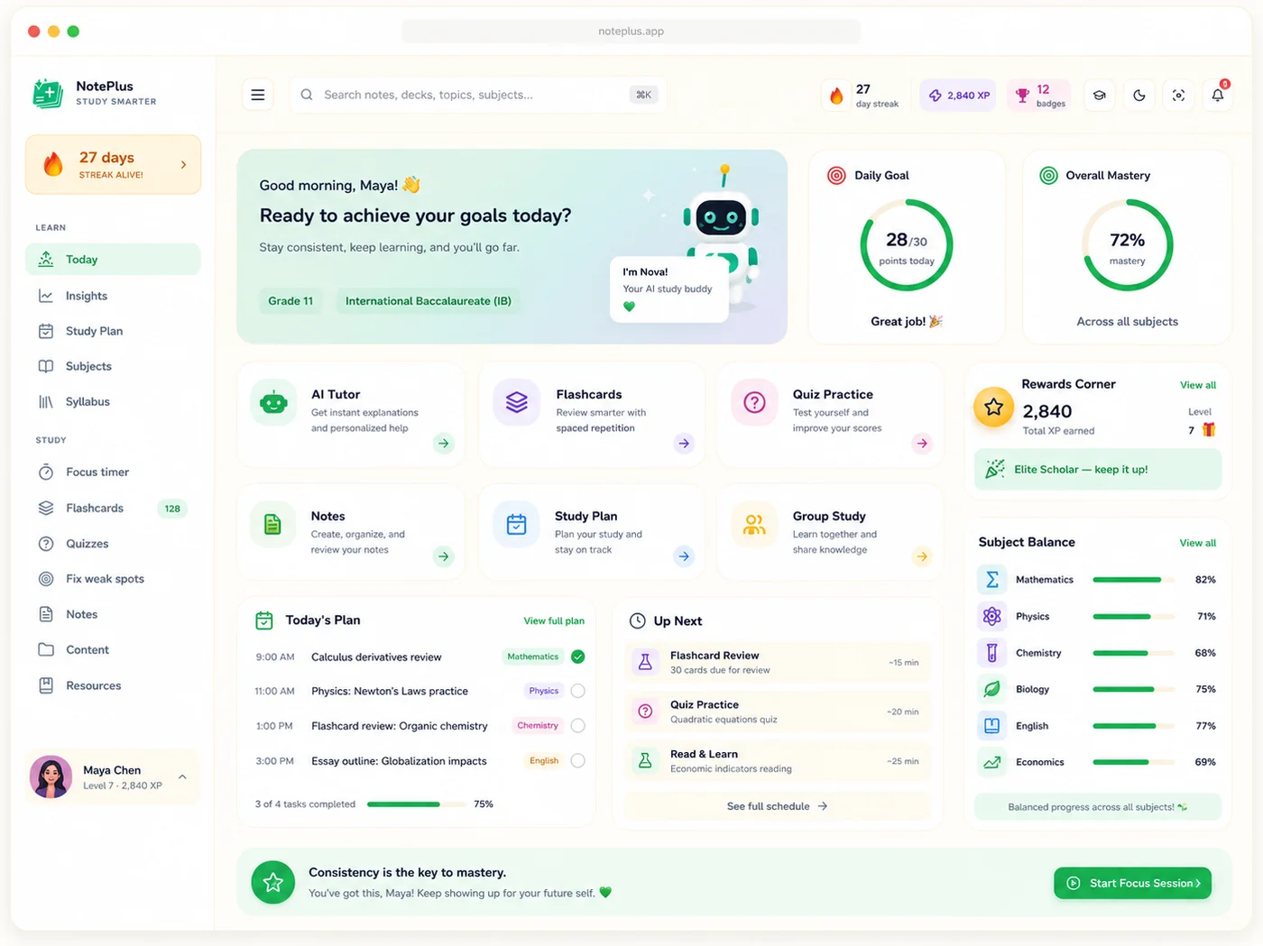 The NotePlus student dashboard
